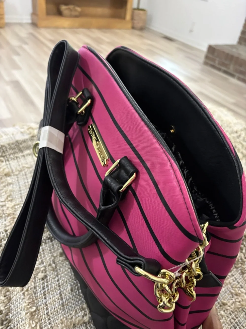 Betsey Johnson Pink and Black Striped‎ Satchel with Bow Charm Shoulder Bag NWOT